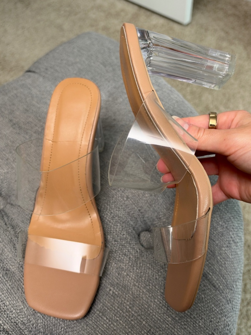 Clear Transparent Block Heel Mule Sandals Nude Square Toe Size 7